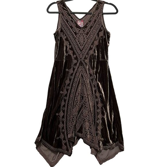 Johnny Was Dresses & Skirts - Johnny Was La Shobah Velvet Swing Dress Brown Embroidered Tissue Hem XS Boho